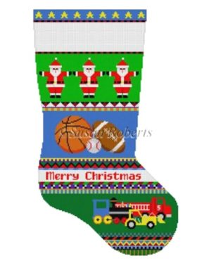 Susan Roberts Needlepoint - Stocking, Bold Stripe Sport Balls & Trucks
