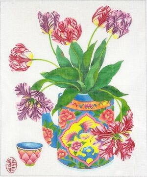 Kate Dickerson Needlepoint - Tulips in a Peranakan Teapot