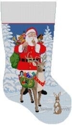 Susan Roberts Needlepoint - Shh, Santa Reindeer Bringing Toys Stocking
