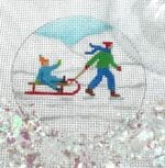 Kate Dickerson Needlepoint - 3" Round w/Clear Dome & Confetti - Child Pulling Toddler on Sled