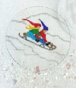 Kate Dickerson Needlepoint - 3" Round w/Clear Dome & Confetti - Kids Sledding Downhill