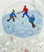 Kate Dickerson Needlepoint - 3" Round w/Clear Dome & Confetti - Hockey Practice on Pond