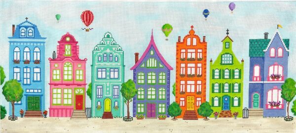 Kate Dickerson Needlepoint - Colorful Row Houses & Hot Air Balloons