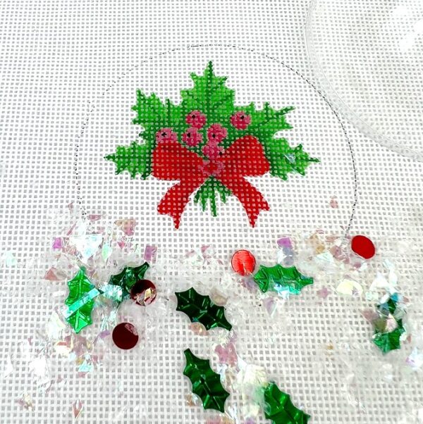 Kate Dickerson Needlepoint - Christmas Ornament w/Clear Dome & Confetti - Holly w/Berries