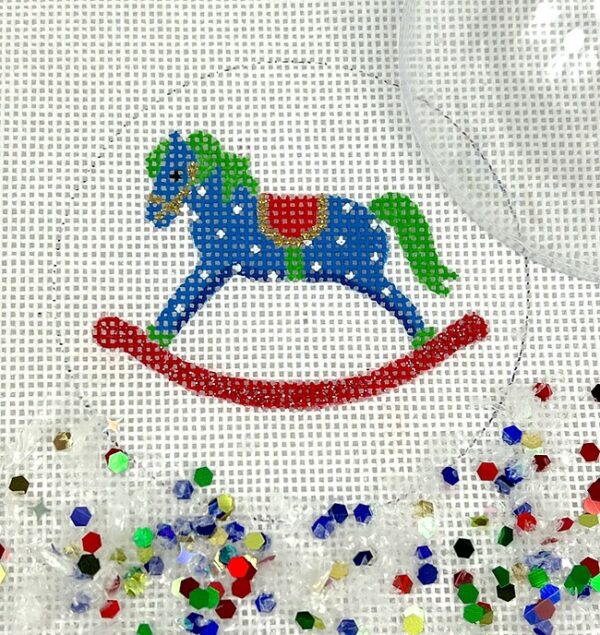 Kate Dickerson Needlepoint - Christmas Ornament w/Clear Dome & Confetti - Rocking Horse
