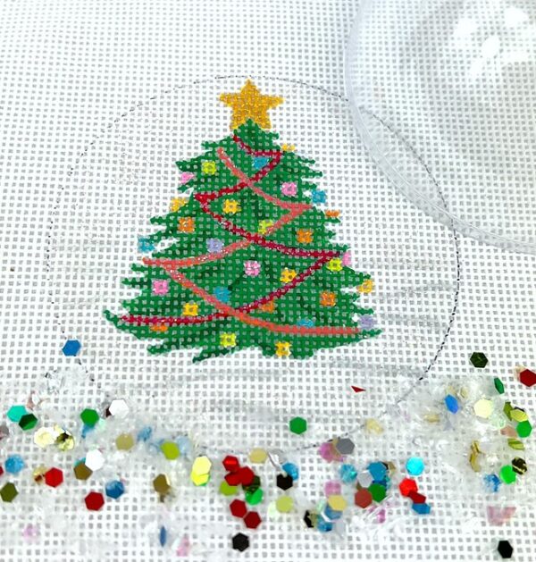 Kate Dickerson Needlepoint - Christmas Ornament w/Clear Dome & Confetti - Christmas Tree