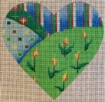 Patti Mann Needlepoint - Patchwork with Yellow Flowers Heart Ornament
