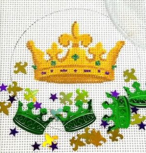 Kate Dickerson Needlepoint - Mardi Gras Crown Ornament w/Clear Dome & Confetti