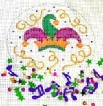 Kate Dickerson Needlepoint - Mardi Gras Jester Ornament w/Clear Dome & Confetti