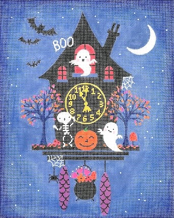Kate Dickerson Needlepoint - Halloween Clock w/Ghosts and Skeletons