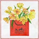 Kate Dickerson Needlepoint - Parrot Tulips in an Hermes Shopping Bag